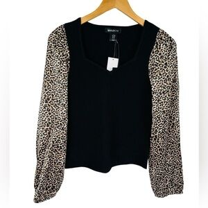 Bailey 44 Mixed Media Ribbed Knit Top Leopard Print Long Sleeve Statement Blouse